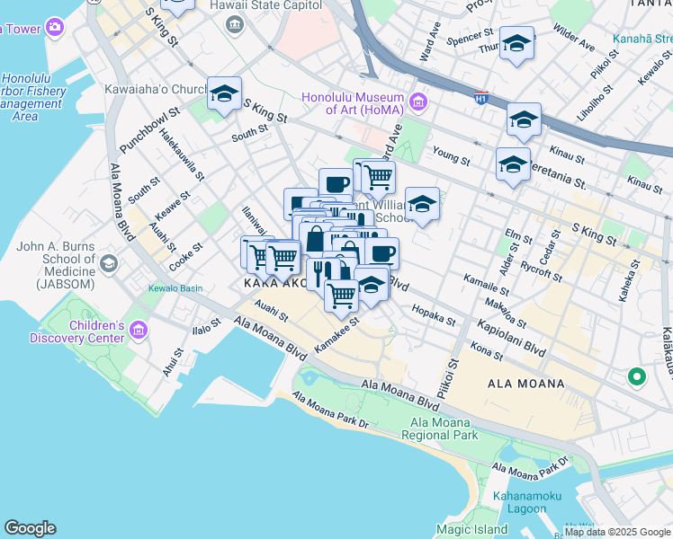 map of restaurants, bars, coffee shops, grocery stores, and more near 978 Kawaiahao Street in Honolulu