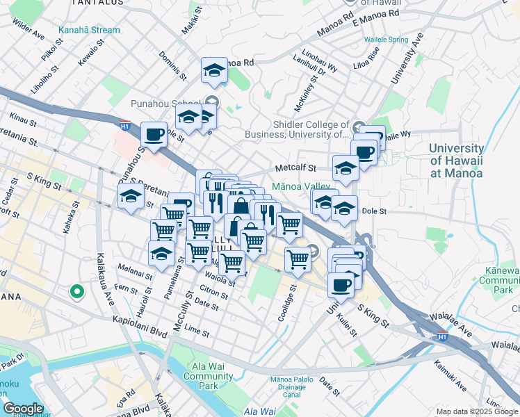 map of restaurants, bars, coffee shops, grocery stores, and more near 2113 Bingham Street in Honolulu
