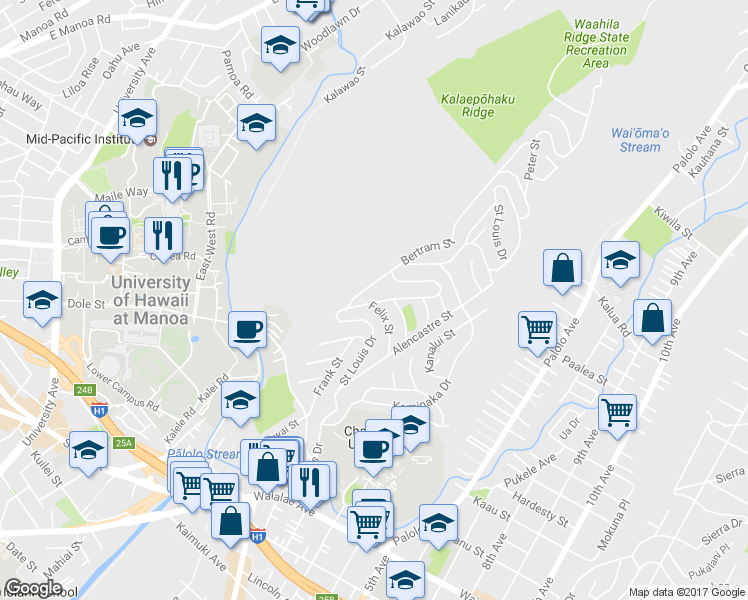 map of restaurants, bars, coffee shops, grocery stores, and more near 1648 Saint Louis Drive in Honolulu