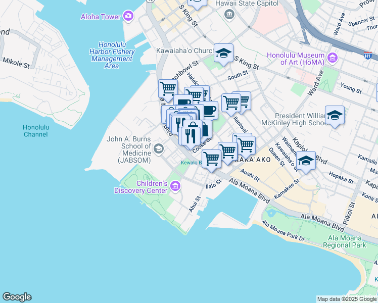 map of restaurants, bars, coffee shops, grocery stores, and more near in Honolulu