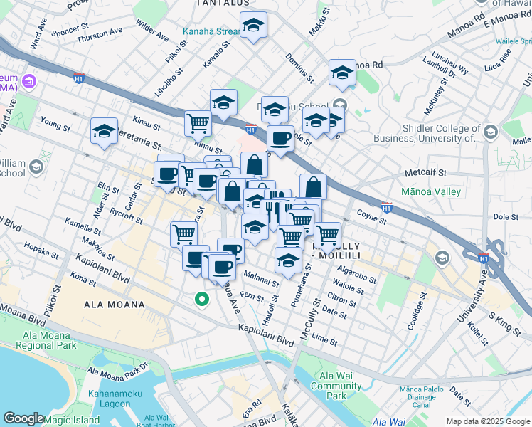 map of restaurants, bars, coffee shops, grocery stores, and more near 1022 Elsie Lane in Honolulu