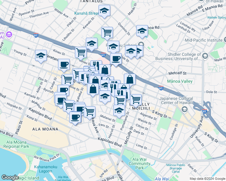 map of restaurants, bars, coffee shops, grocery stores, and more near 1715 Young Street in Honolulu