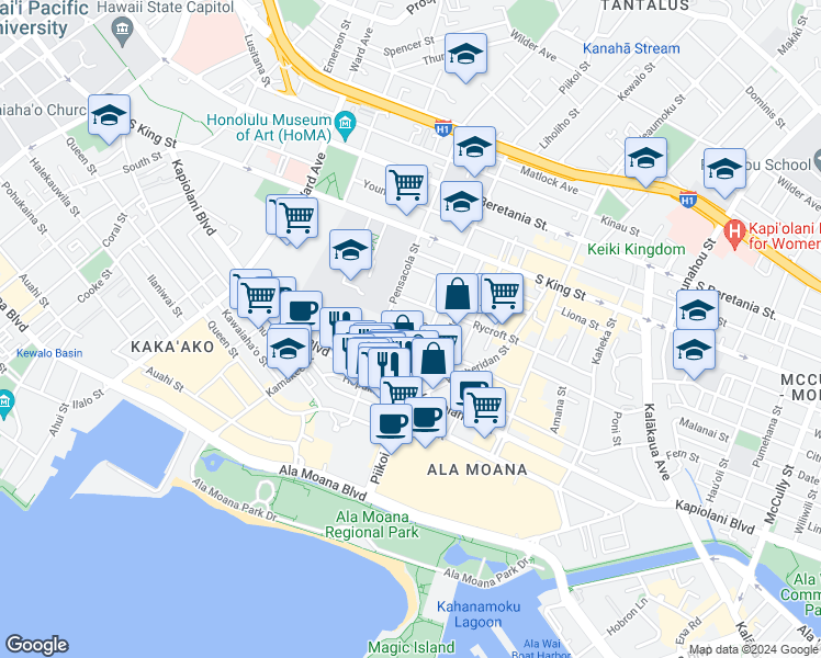 map of restaurants, bars, coffee shops, grocery stores, and more near 1131 Hoolai Street in Honolulu