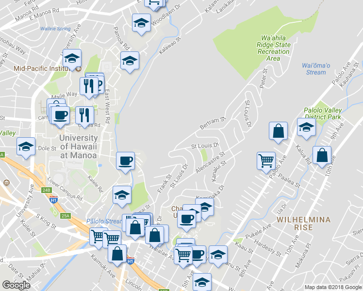 map of restaurants, bars, coffee shops, grocery stores, and more near 1648 Saint Louis Drive in Honolulu