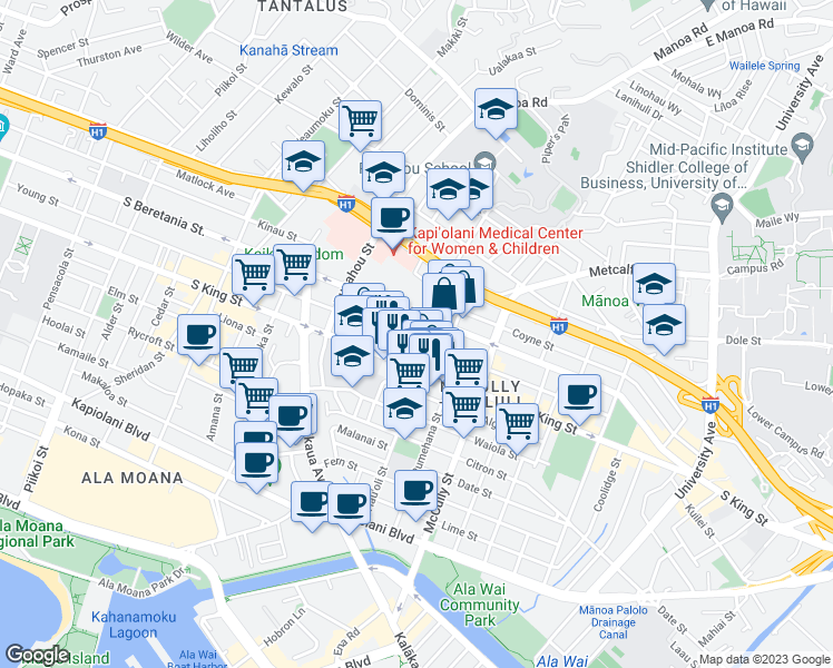 map of restaurants, bars, coffee shops, grocery stores, and more near 1742 Young Street in Honolulu