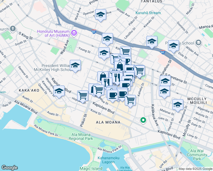 map of restaurants, bars, coffee shops, grocery stores, and more near 1251 Rycroft Street in Honolulu