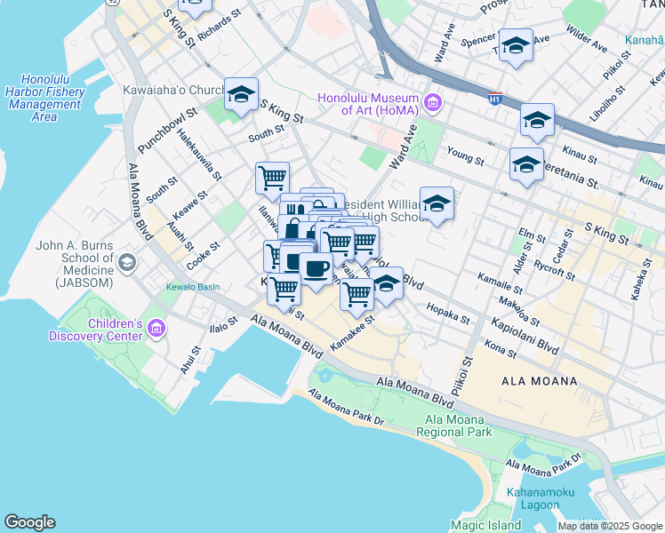 map of restaurants, bars, coffee shops, grocery stores, and more near 945 Queen Street in Honolulu