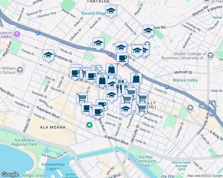 map of restaurants, bars, coffee shops, grocery stores, and more near 1022 Elsie Lane in Honolulu