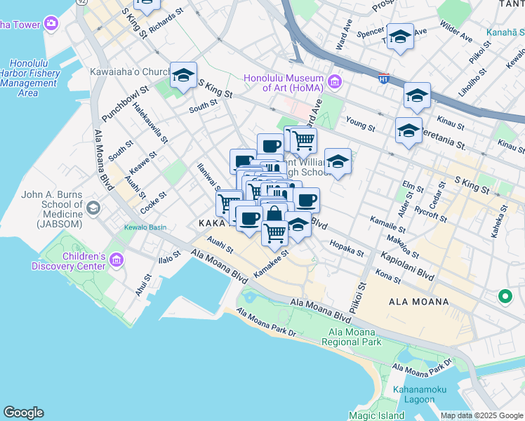 map of restaurants, bars, coffee shops, grocery stores, and more near 978 Kawaiahao Street in Honolulu