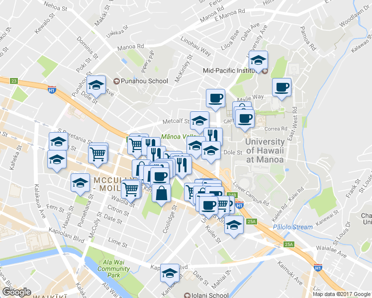 map of restaurants, bars, coffee shops, grocery stores, and more near 2258 Dole Street in Honolulu