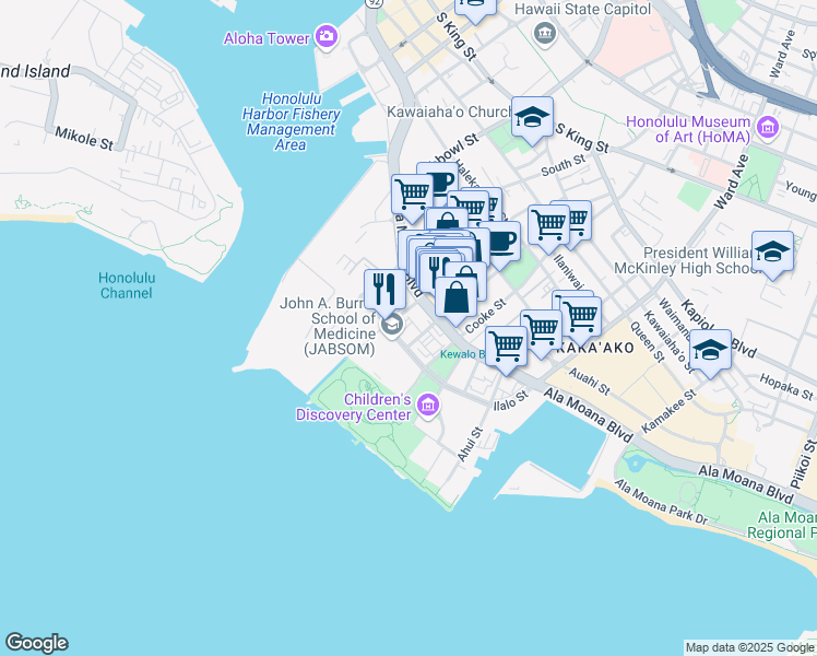 map of restaurants, bars, coffee shops, grocery stores, and more near 210 Coral Street in Honolulu