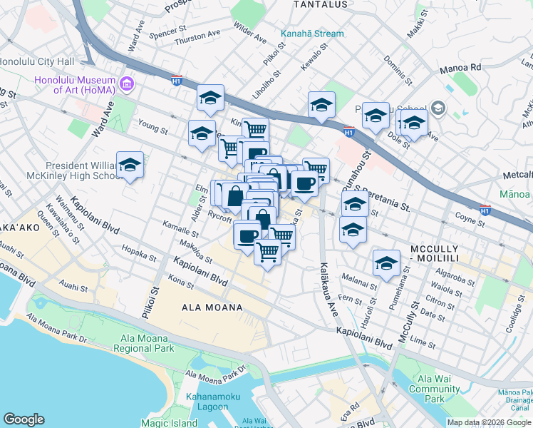 map of restaurants, bars, coffee shops, grocery stores, and more near 835 Ke’eaumoku Street in Honolulu