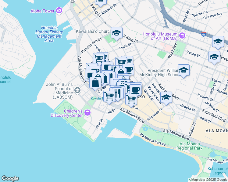 map of restaurants, bars, coffee shops, grocery stores, and more near 805 Pohukaina Street in Honolulu