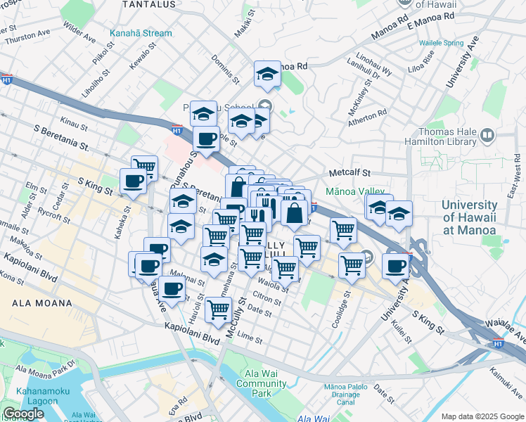 map of restaurants, bars, coffee shops, grocery stores, and more near 1934 South Beretania Street in Honolulu