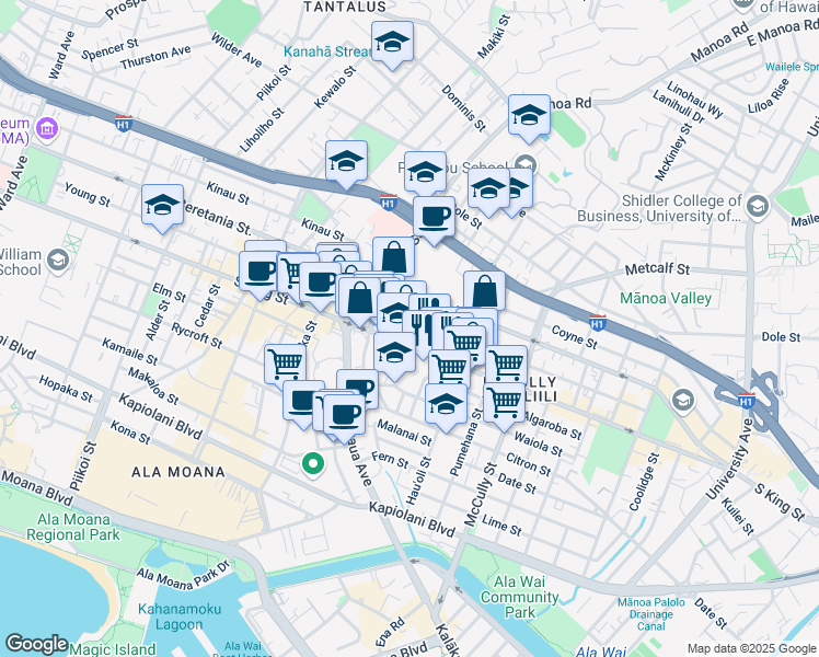 map of restaurants, bars, coffee shops, grocery stores, and more near 1022 Elsie Lane in Honolulu