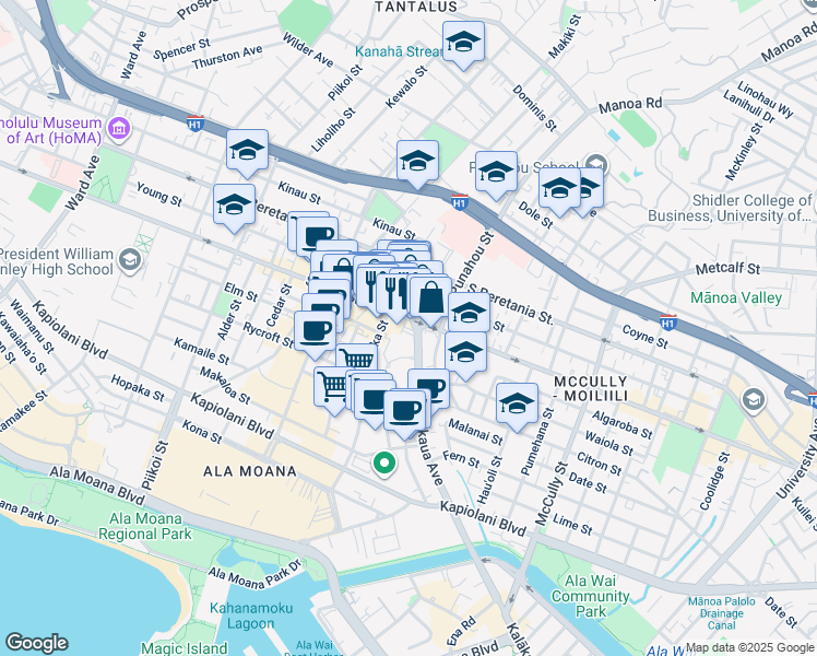 map of restaurants, bars, coffee shops, grocery stores, and more near in Honolulu