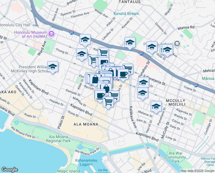 map of restaurants, bars, coffee shops, grocery stores, and more near 835 Ke’eaumoku Street in Honolulu
