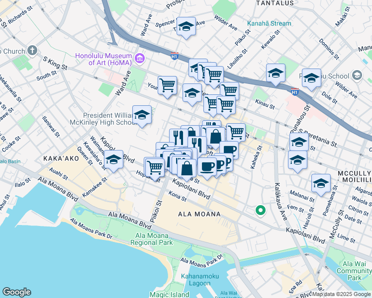 map of restaurants, bars, coffee shops, grocery stores, and more near 730 Alder Street in Honolulu