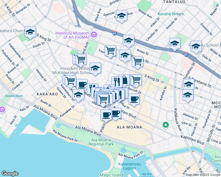 map of restaurants, bars, coffee shops, grocery stores, and more near 1117 Hoolai Street in Honolulu