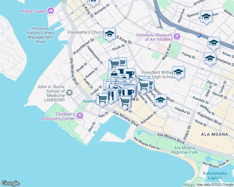 map of restaurants, bars, coffee shops, grocery stores, and more near 318 Kamani Street in Honolulu