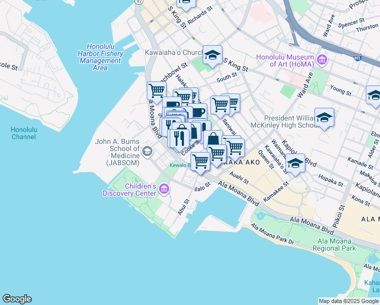 map of restaurants, bars, coffee shops, grocery stores, and more near 742 Auahi Street in Honolulu
