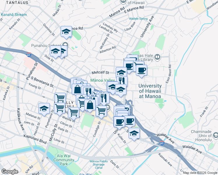 map of restaurants, bars, coffee shops, grocery stores, and more near 2258 Dole Street in Honolulu