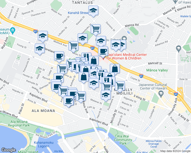 map of restaurants, bars, coffee shops, grocery stores, and more near 1022 Elsie Lane in Honolulu