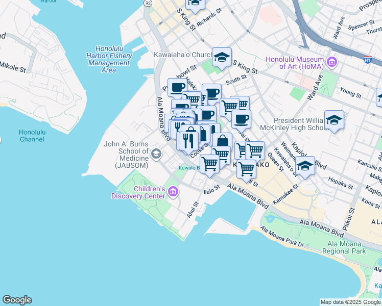 map of restaurants, bars, coffee shops, grocery stores, and more near 742 Auahi Street in Honolulu