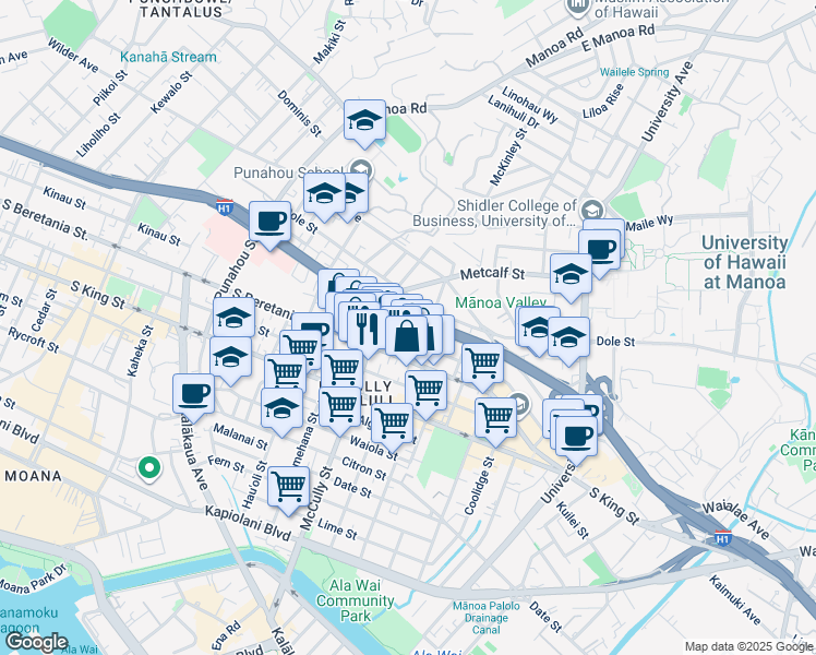 map of restaurants, bars, coffee shops, grocery stores, and more near 2035 Bingham Street in Honolulu