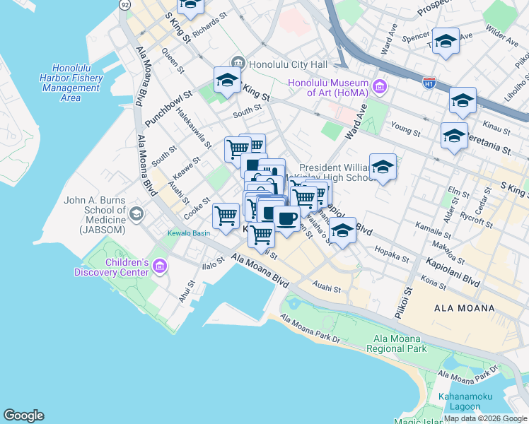 map of restaurants, bars, coffee shops, grocery stores, and more near in Honolulu