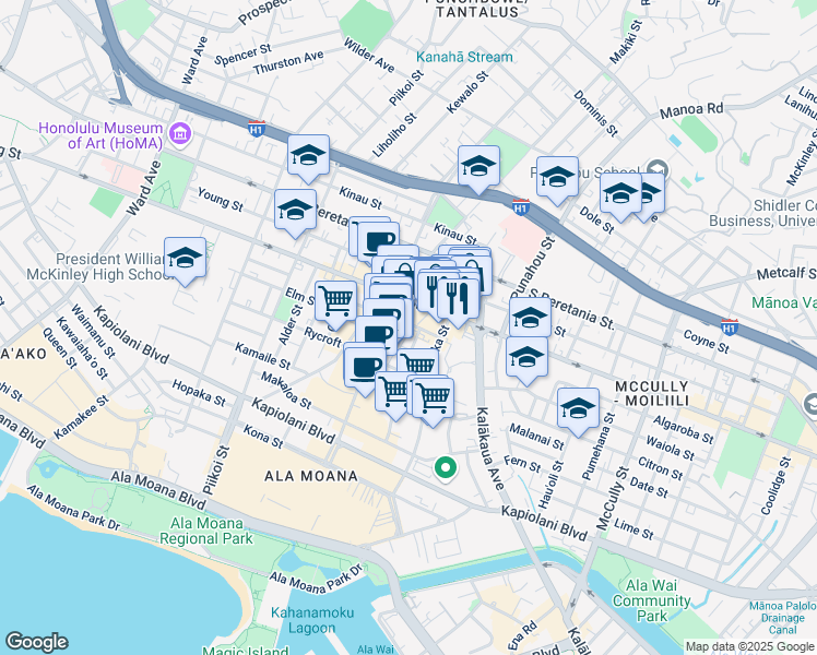 map of restaurants, bars, coffee shops, grocery stores, and more near 1545 Liona Street in Honolulu