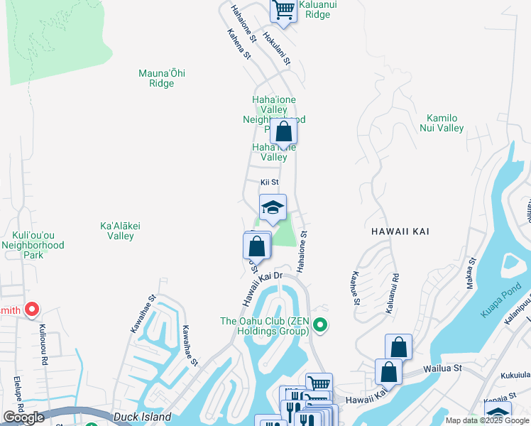 map of restaurants, bars, coffee shops, grocery stores, and more near 595 Pepeekeo Street in Honolulu