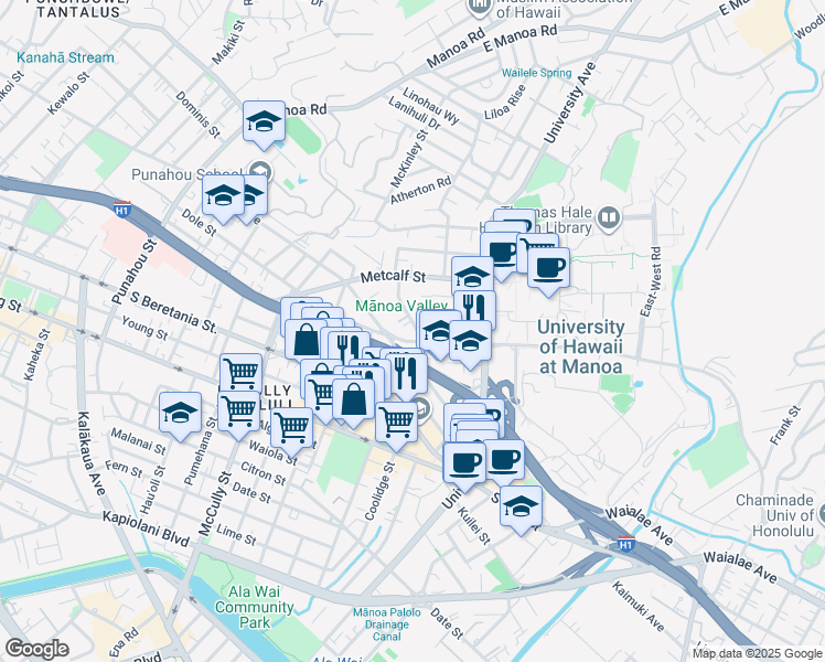 map of restaurants, bars, coffee shops, grocery stores, and more near 2258 Dole Street in Honolulu