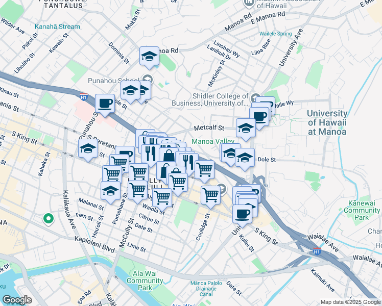 map of restaurants, bars, coffee shops, grocery stores, and more near 2113 Bingham Street in Honolulu
