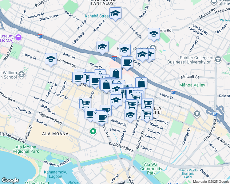 map of restaurants, bars, coffee shops, grocery stores, and more near 1022 Elsie Lane in Honolulu