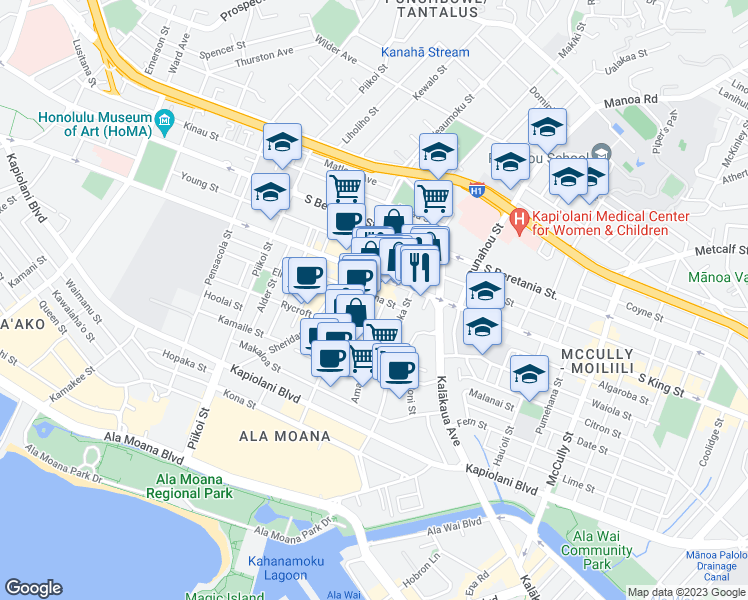 map of restaurants, bars, coffee shops, grocery stores, and more near 930 Kaheka Street in Honolulu