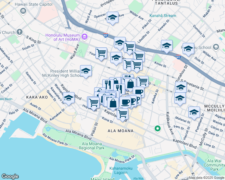 map of restaurants, bars, coffee shops, grocery stores, and more near 730 Alder Street in Honolulu