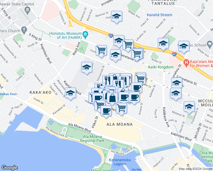 map of restaurants, bars, coffee shops, grocery stores, and more near 730 Alder Street in Honolulu