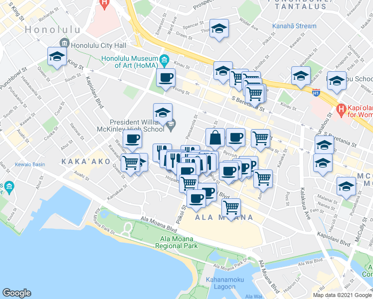 map of restaurants, bars, coffee shops, grocery stores, and more near 1117 Hoolai Street in Honolulu