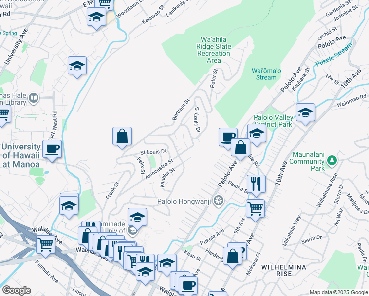 map of restaurants, bars, coffee shops, grocery stores, and more near 1651 Alencastre Street in Honolulu