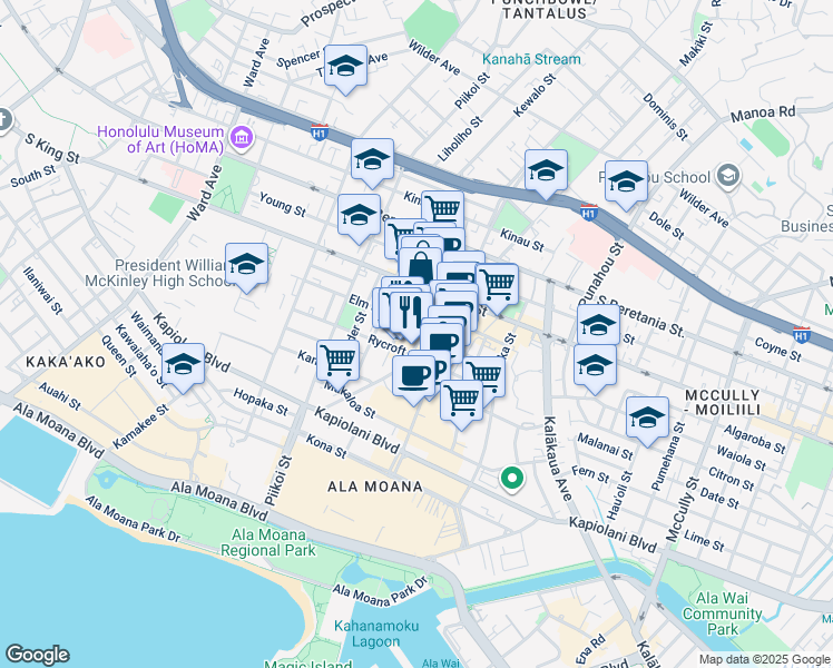 map of restaurants, bars, coffee shops, grocery stores, and more near 818 Sheridan Street in Honolulu