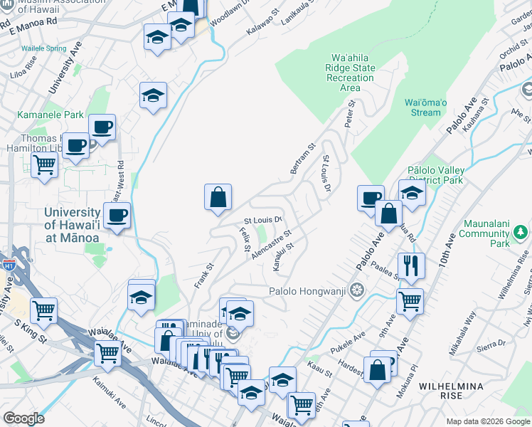map of restaurants, bars, coffee shops, grocery stores, and more near 1720 Saint Louis Drive in Honolulu