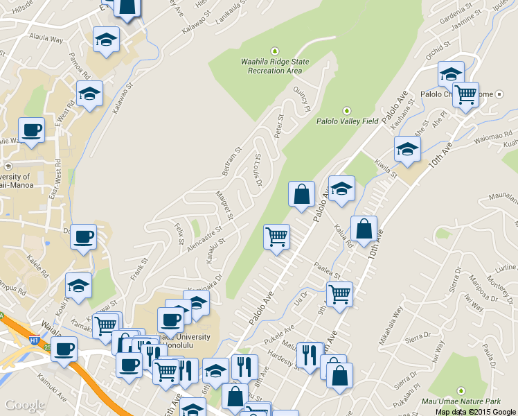 map of restaurants, bars, coffee shops, grocery stores, and more near 1671 Kanalui Street in Honolulu