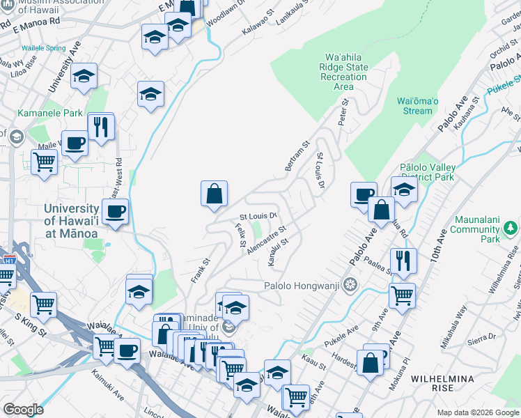 map of restaurants, bars, coffee shops, grocery stores, and more near 1720 Saint Louis Drive in Honolulu