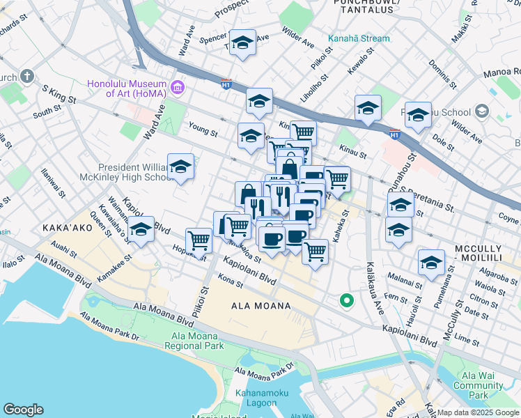 map of restaurants, bars, coffee shops, grocery stores, and more near 1251 Rycroft Street in Honolulu