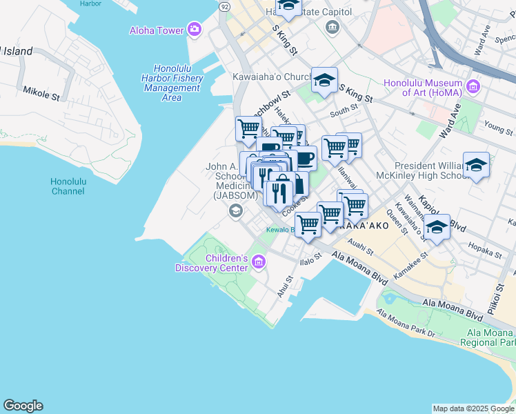map of restaurants, bars, coffee shops, grocery stores, and more near 677 Ala Moana Boulevard in Honolulu