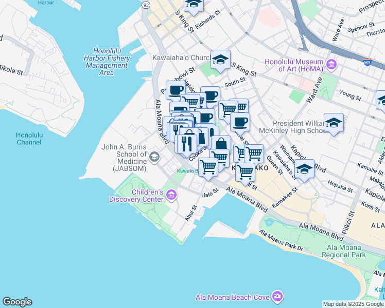 map of restaurants, bars, coffee shops, grocery stores, and more near 742 Auahi Street in Honolulu