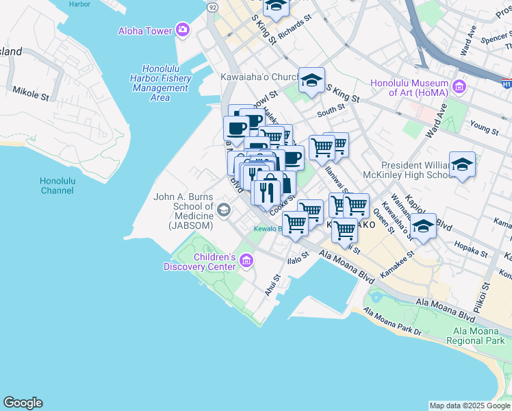 map of restaurants, bars, coffee shops, grocery stores, and more near 700 Ala Moana Boulevard in Honolulu