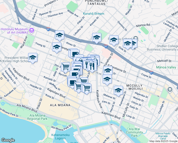 map of restaurants, bars, coffee shops, grocery stores, and more near 930 Kaheka Street in Honolulu
