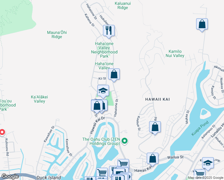 map of restaurants, bars, coffee shops, grocery stores, and more near 598 Hahaione Street in Honolulu